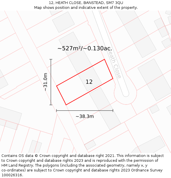12, HEATH CLOSE, BANSTEAD, SM7 3QU: Plot and title map