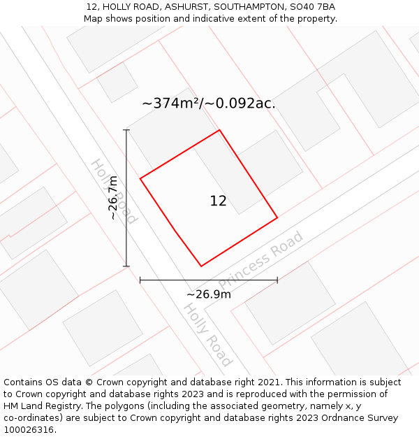 12, HOLLY ROAD, ASHURST, SOUTHAMPTON, SO40 7BA: Plot and title map