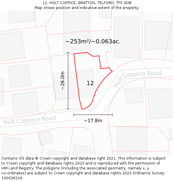 12, HOLT COPPICE, BRATTON, TELFORD, TF5 0DB: Plot and title map