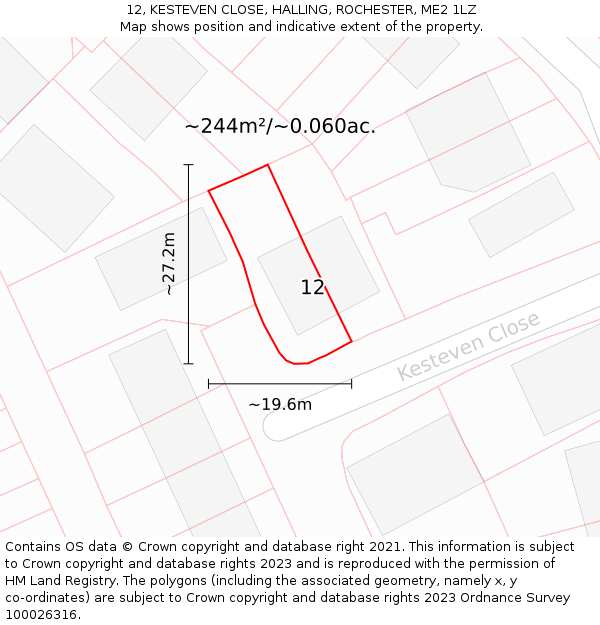 12, KESTEVEN CLOSE, HALLING, ROCHESTER, ME2 1LZ: Plot and title map