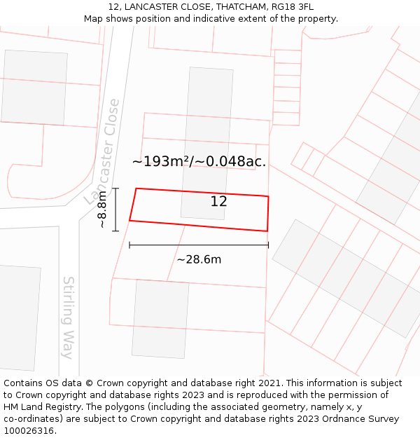 12, LANCASTER CLOSE, THATCHAM, RG18 3FL: Plot and title map