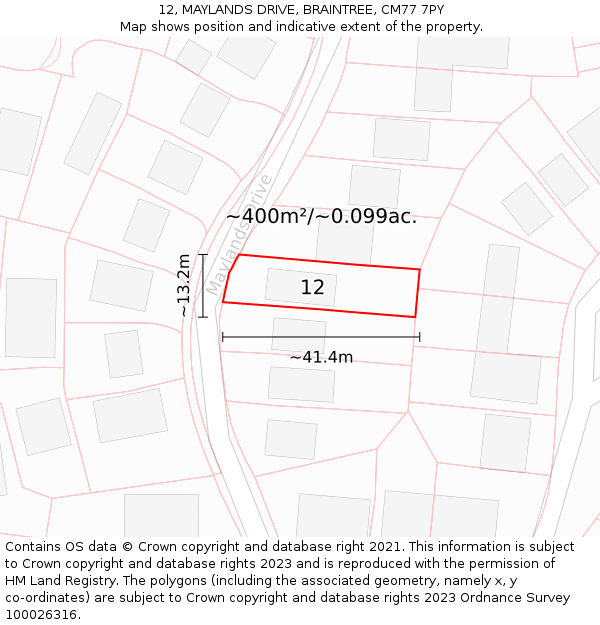 12, MAYLANDS DRIVE, BRAINTREE, CM77 7PY: Plot and title map