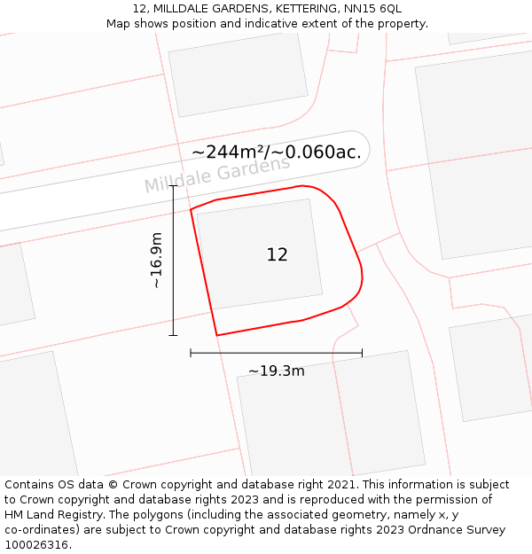 12, MILLDALE GARDENS, KETTERING, NN15 6QL: Plot and title map