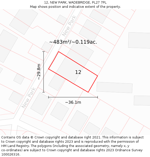 12, NEW PARK, WADEBRIDGE, PL27 7PL: Plot and title map