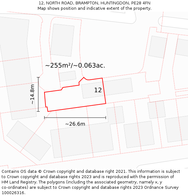 12, NORTH ROAD, BRAMPTON, HUNTINGDON, PE28 4FN: Plot and title map