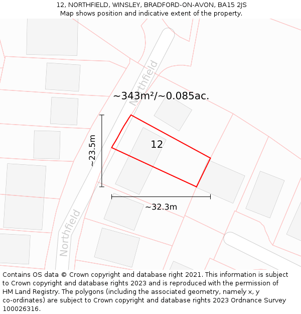 12, NORTHFIELD, WINSLEY, BRADFORD-ON-AVON, BA15 2JS: Plot and title map