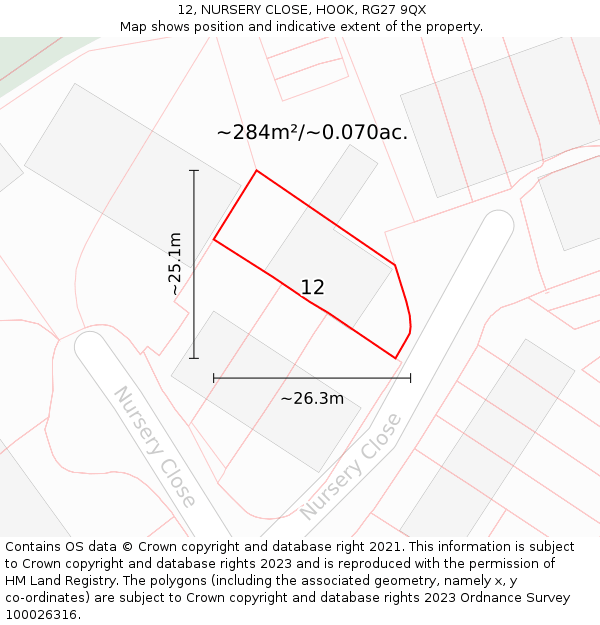 12, NURSERY CLOSE, HOOK, RG27 9QX: Plot and title map