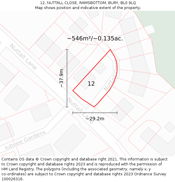 12, NUTTALL CLOSE, RAMSBOTTOM, BURY, BL0 9LQ: Plot and title map