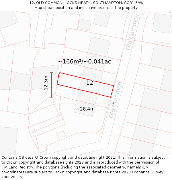 12, OLD COMMON, LOCKS HEATH, SOUTHAMPTON, SO31 6AW: Plot and title map