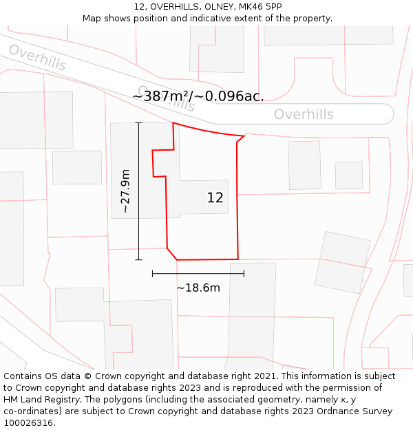 12, OVERHILLS, OLNEY, MK46 5PP: Plot and title map