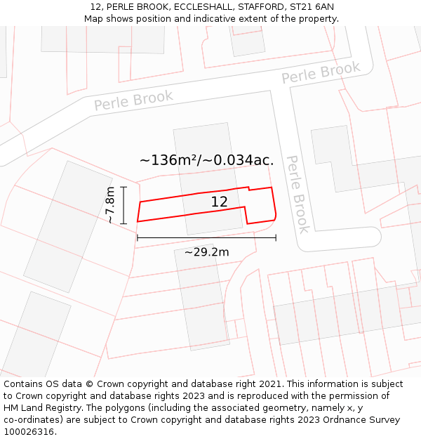 12, PERLE BROOK, ECCLESHALL, STAFFORD, ST21 6AN: Plot and title map