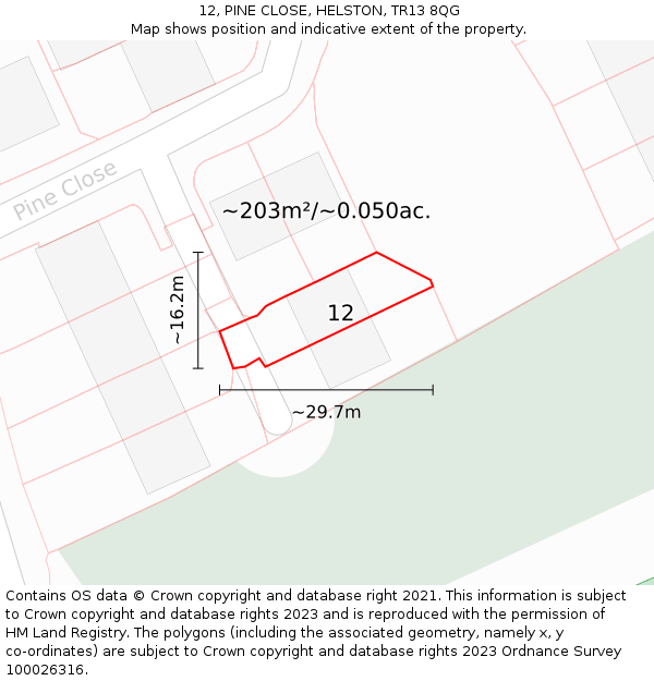 12, PINE CLOSE, HELSTON, TR13 8QG: Plot and title map