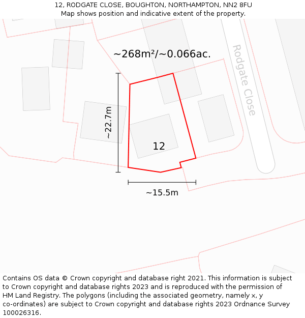 12, RODGATE CLOSE, BOUGHTON, NORTHAMPTON, NN2 8FU: Plot and title map