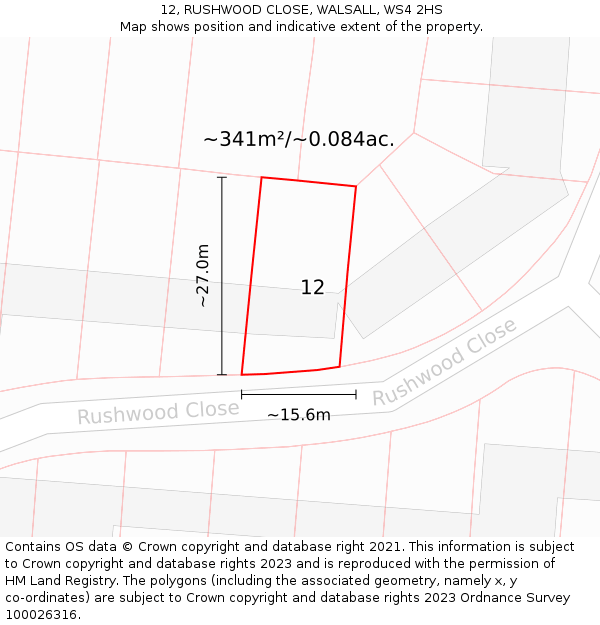 12, RUSHWOOD CLOSE, WALSALL, WS4 2HS: Plot and title map