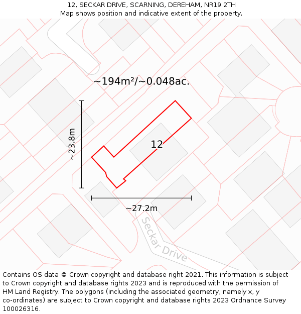 12, SECKAR DRIVE, SCARNING, DEREHAM, NR19 2TH: Plot and title map
