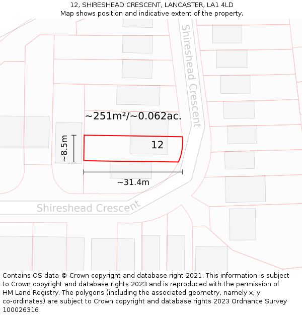 12, SHIRESHEAD CRESCENT, LANCASTER, LA1 4LD: Plot and title map