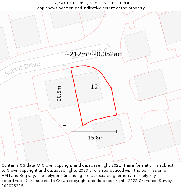 12, SOLENT DRIVE, SPALDING, PE11 3BF: Plot and title map