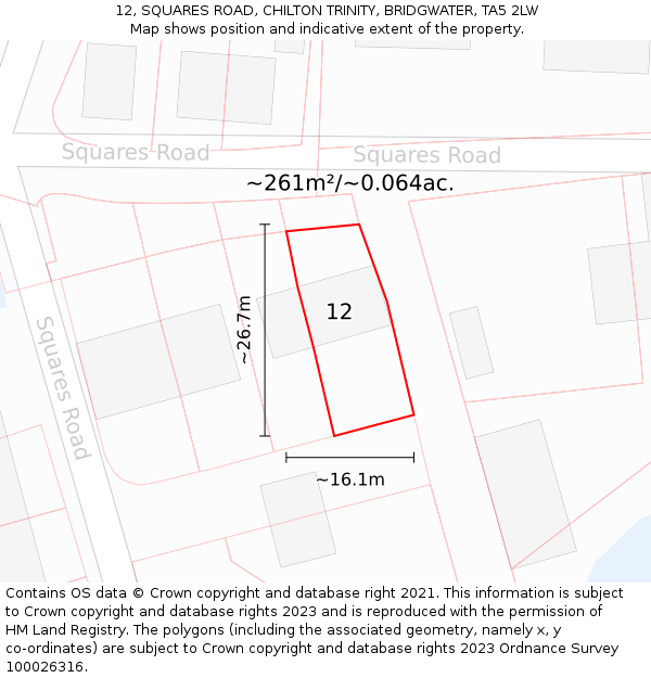 12, SQUARES ROAD, CHILTON TRINITY, BRIDGWATER, TA5 2LW: Plot and title map