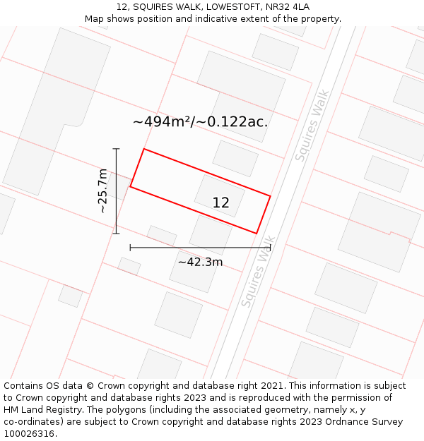 12, SQUIRES WALK, LOWESTOFT, NR32 4LA: Plot and title map