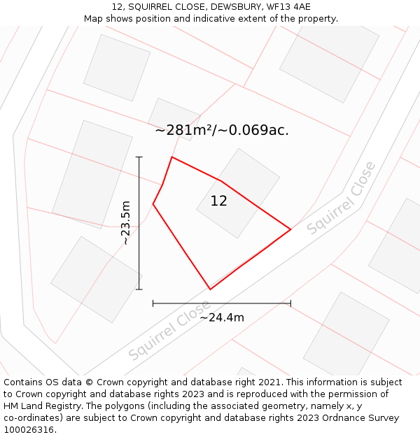 12, SQUIRREL CLOSE, DEWSBURY, WF13 4AE: Plot and title map