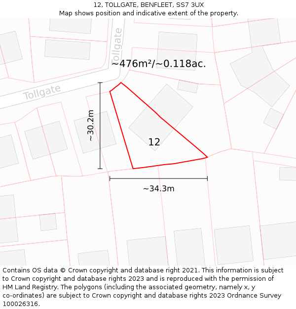 12, TOLLGATE, BENFLEET, SS7 3UX: Plot and title map