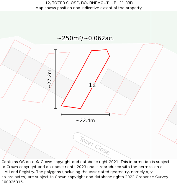 12, TOZER CLOSE, BOURNEMOUTH, BH11 8RB: Plot and title map