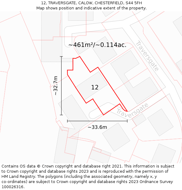12, TRAVERSGATE, CALOW, CHESTERFIELD, S44 5FH: Plot and title map