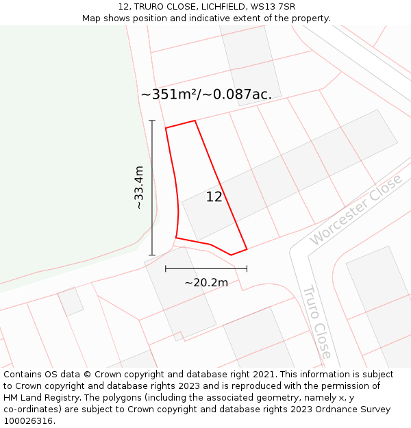 12, TRURO CLOSE, LICHFIELD, WS13 7SR: Plot and title map