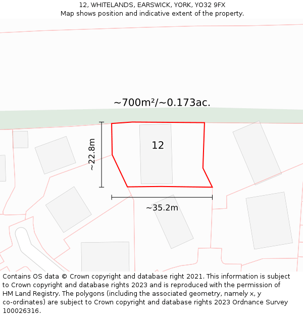 12, WHITELANDS, EARSWICK, YORK, YO32 9FX: Plot and title map