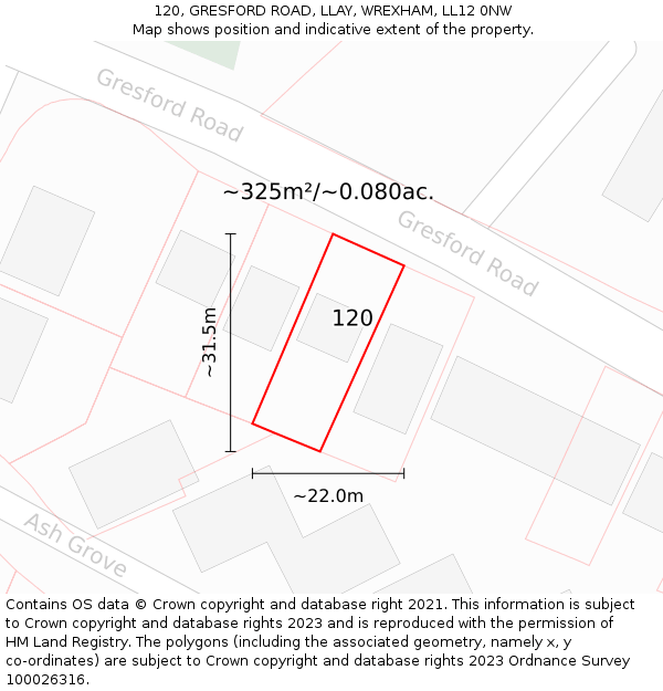120, GRESFORD ROAD, LLAY, WREXHAM, LL12 0NW: Plot and title map