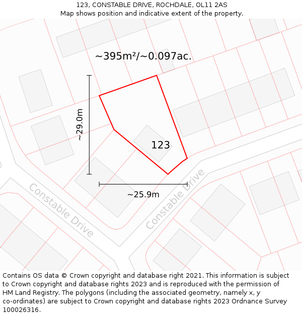 123, CONSTABLE DRIVE, ROCHDALE, OL11 2AS: Plot and title map