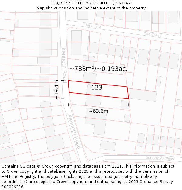 123, KENNETH ROAD, BENFLEET, SS7 3AB: Plot and title map