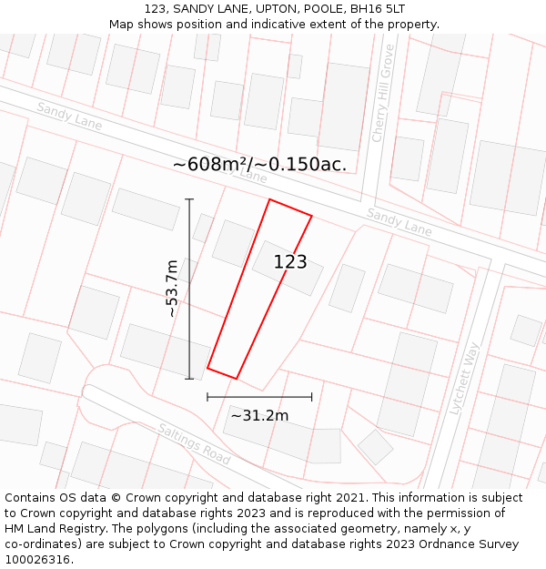 123, SANDY LANE, UPTON, POOLE, BH16 5LT: Plot and title map