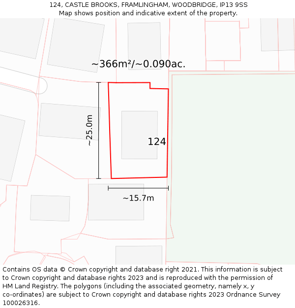 124, CASTLE BROOKS, FRAMLINGHAM, WOODBRIDGE, IP13 9SS: Plot and title map