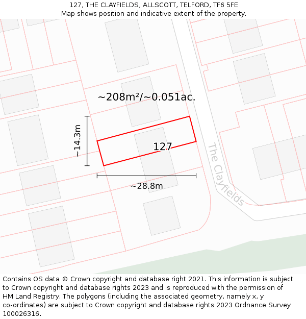 127, THE CLAYFIELDS, ALLSCOTT, TELFORD, TF6 5FE: Plot and title map