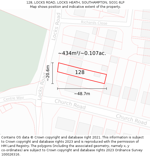 128, LOCKS ROAD, LOCKS HEATH, SOUTHAMPTON, SO31 6LP: Plot and title map