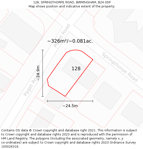 128, SPRINGTHORPE ROAD, BIRMINGHAM, B24 0SP: Plot and title map