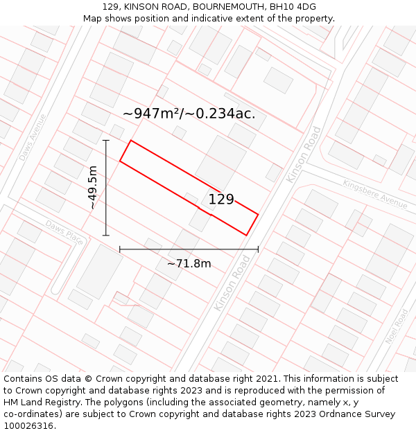 129, KINSON ROAD, BOURNEMOUTH, BH10 4DG: Plot and title map