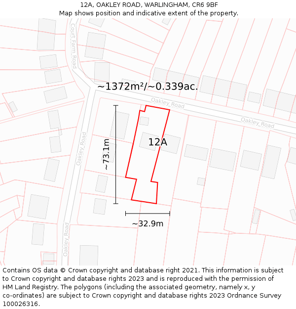 12A, OAKLEY ROAD, WARLINGHAM, CR6 9BF: Plot and title map