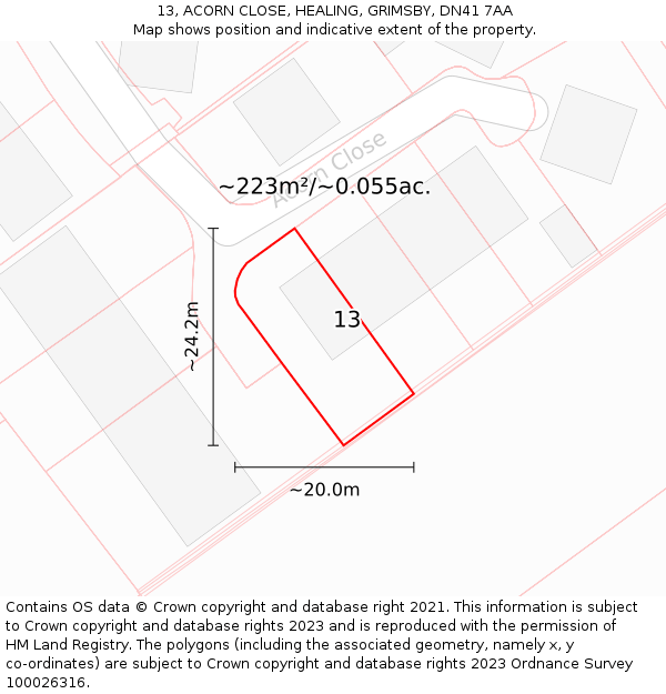 13, ACORN CLOSE, HEALING, GRIMSBY, DN41 7AA: Plot and title map