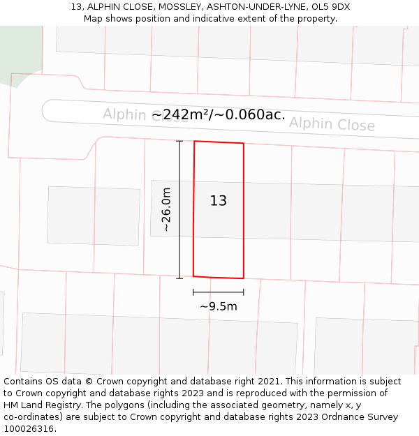 13, ALPHIN CLOSE, MOSSLEY, ASHTON-UNDER-LYNE, OL5 9DX: Plot and title map