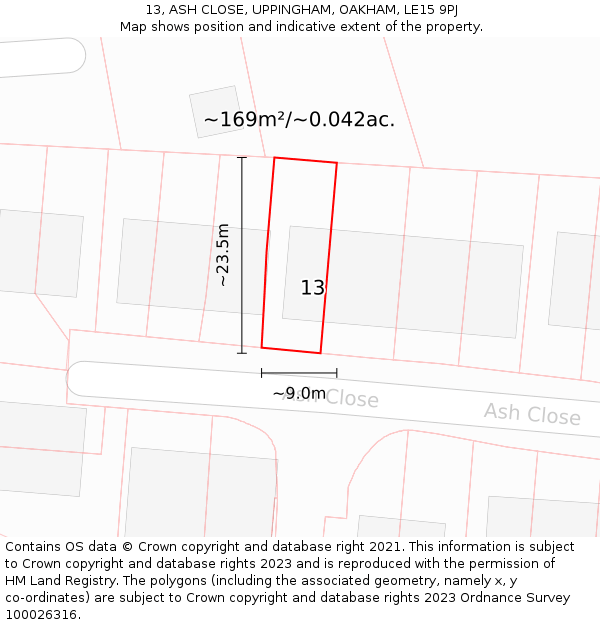 13, ASH CLOSE, UPPINGHAM, OAKHAM, LE15 9PJ: Plot and title map