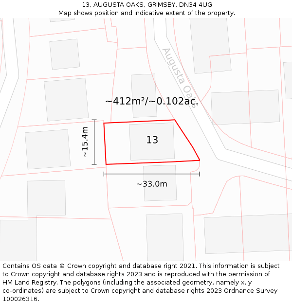 13, AUGUSTA OAKS, GRIMSBY, DN34 4UG: Plot and title map