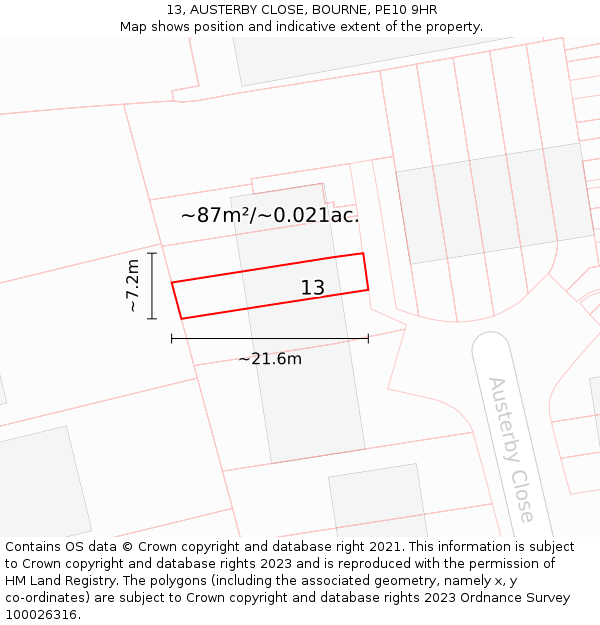 13, AUSTERBY CLOSE, BOURNE, PE10 9HR: Plot and title map