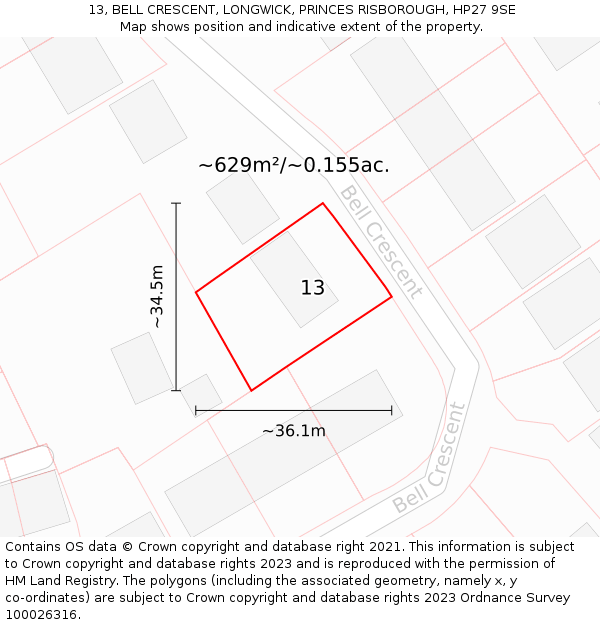 13, BELL CRESCENT, LONGWICK, PRINCES RISBOROUGH, HP27 9SE: Plot and title map