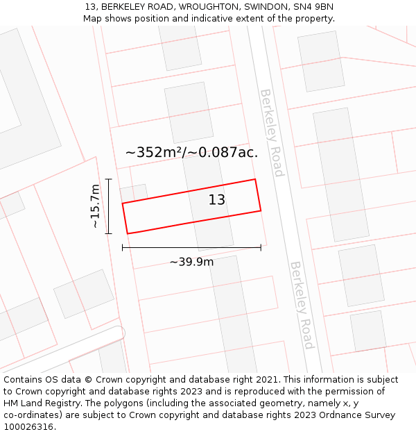13, BERKELEY ROAD, WROUGHTON, SWINDON, SN4 9BN: Plot and title map