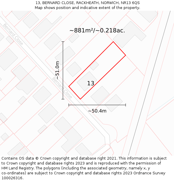 13, BERNARD CLOSE, RACKHEATH, NORWICH, NR13 6QS: Plot and title map