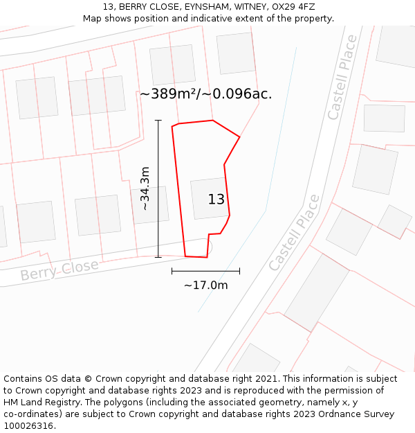 13, BERRY CLOSE, EYNSHAM, WITNEY, OX29 4FZ: Plot and title map