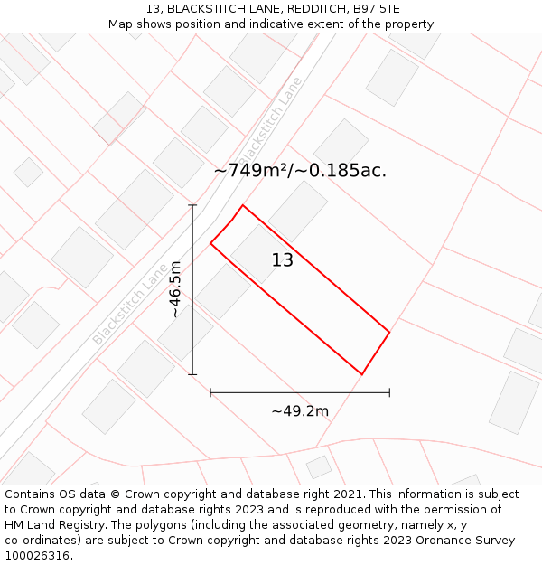 13, BLACKSTITCH LANE, REDDITCH, B97 5TE: Plot and title map