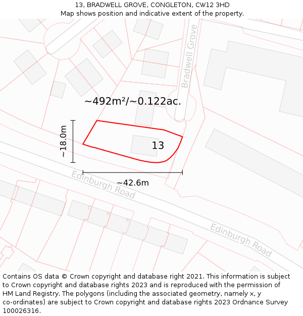 13, BRADWELL GROVE, CONGLETON, CW12 3HD: Plot and title map